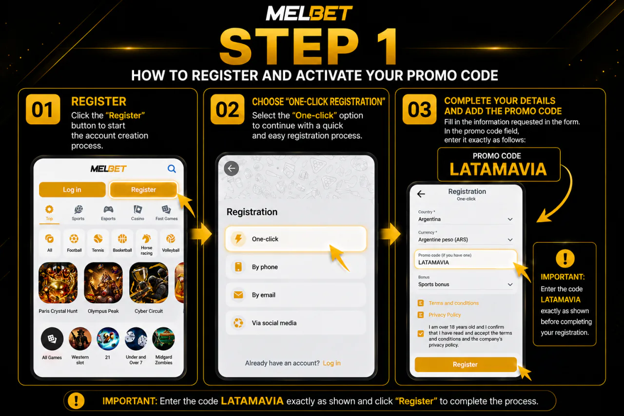 Step 1: registering with Melbet using promotional code LATAMAVIA